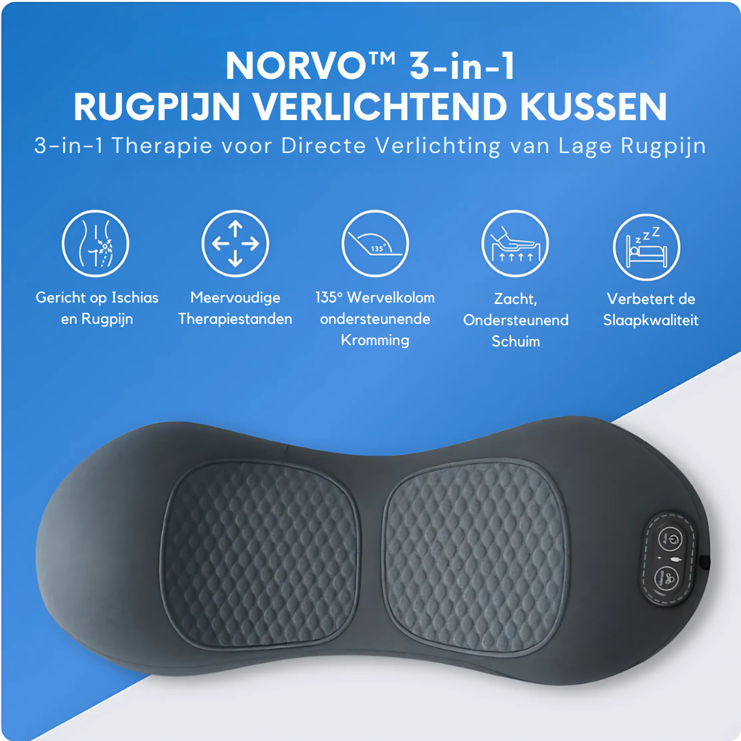 “Norvo™ 3-in-1 Smart Pillow combineert tractie van de wervelkolom, warmtetherapie en vibratiemassage om rugpijn, ischias en hernia-ongemakken te verlichten. Dit kussen, dat is ontworpen voor gebruik thuis of op kantoor, werkt op USB en ontlast de wervelkolom op milde wijze, verbetert de houding en bevordert de bloedsomloop. Het is lichtgewicht en draagbaar en biedt dagelijkse sessies van 15-30 minuten voor effectieve, medicijnvrije verlichting. Ideaal voor mensen die op zoek zijn naar natuurlijke oplossinge