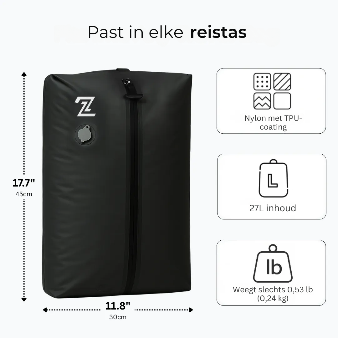 2PackBag™ reiszakken comprimeren kleding in slechts 5 seconden, waardoor u tot 60% ruimte bespaart en uw kleding fris, droog en geurvrij blijft. Deze waterdichte zakken zijn ideaal voor slim, lichtgewicht en zorgeloos reizen en passen perfect in handbagage of rugzakken. Elke set wordt geleverd met een gratis handpomp voor eenvoudig gebruik, altijd en overal. Een must-have voor korte trips, weekendjes weg of georganiseerd inpakken. 