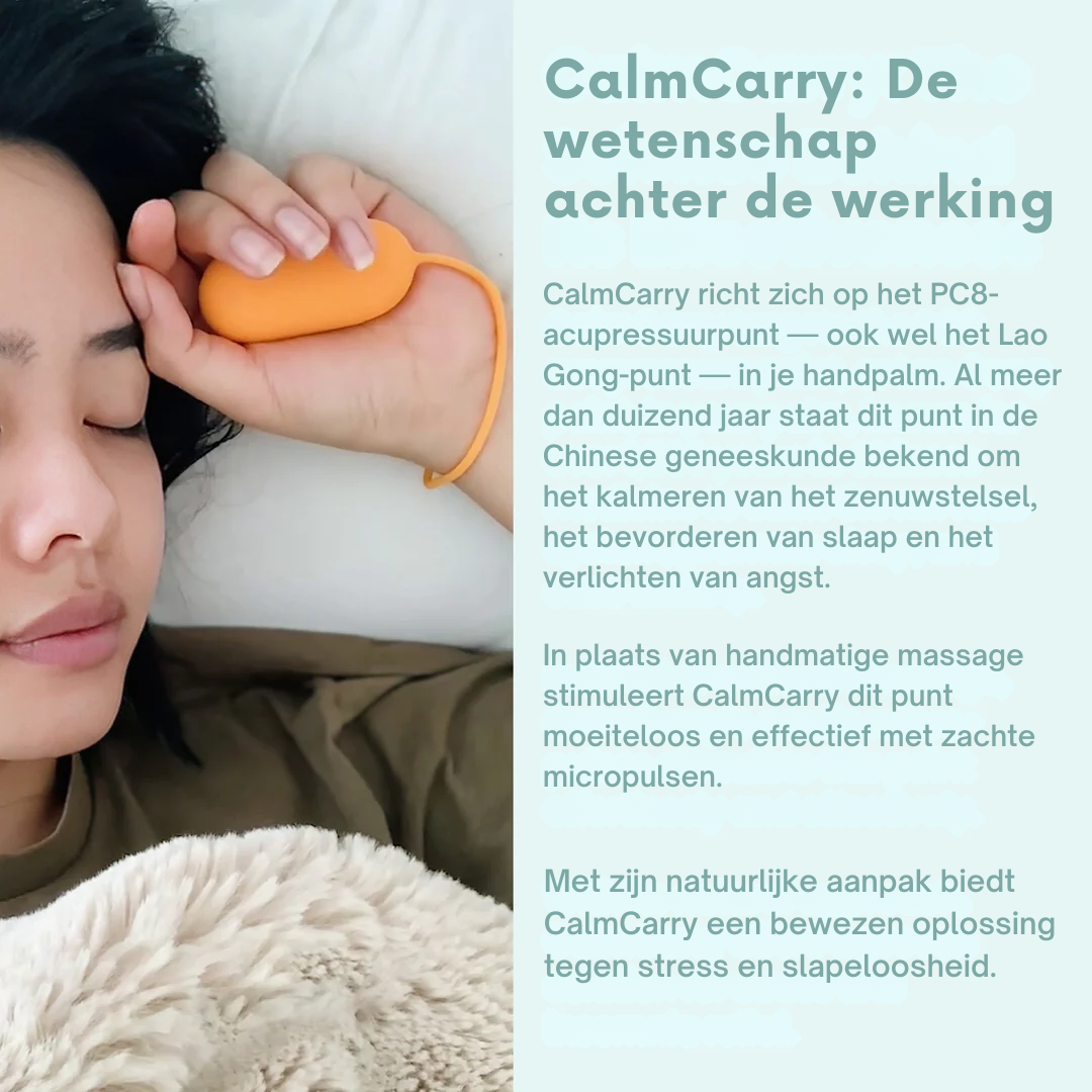 CalmCarry® draagbaar wellnessapparaat helpt angst, stress en slapeloosheid te verlichten met veilige microstroomtechnologie. Ontworpen om het PC8-acupressuurpunt in uw handpalm te stimuleren, bevordert het ontspanning en een betere slaap. Met instelbare intensiteit, automatische timer van 20 minuten, oplaadbare batterij en compact ontwerp voor thuis, op reis of voor het slapengaan. Geschikt voor volwassenen en kinderen onder toezicht, waardoor het een attent wellnesscadeau is.