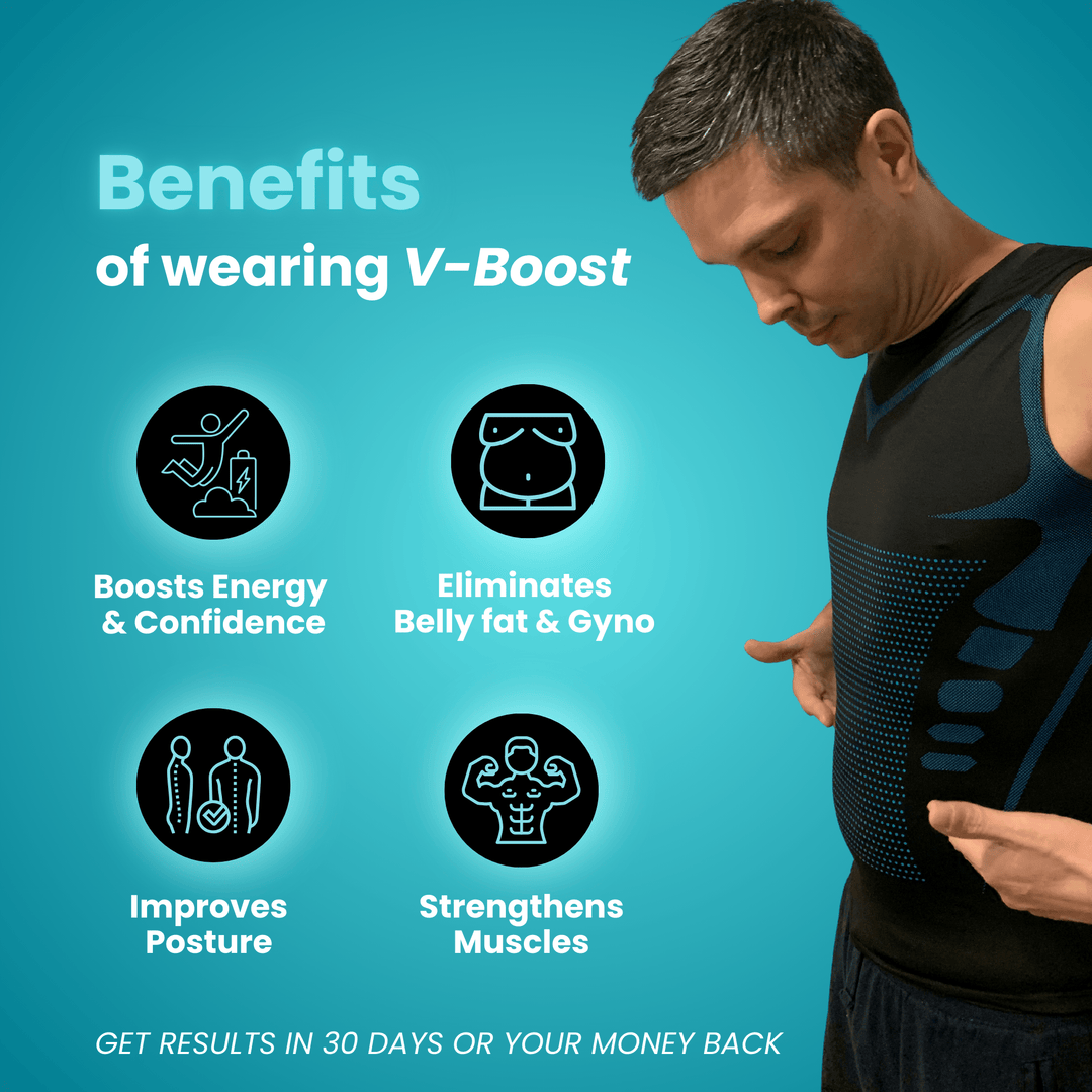 Het BellyBoost Dad Shirt combineert innovatieve Ionic Ice-technologie om energie en concentratie te stimuleren met een V-Boost-ontwerp dat de borst en buikspieren versterkt en gynaecomastie vermindert. Dit shirt is gemaakt van ademende, rekbare stof, verbetert de houding en helpt rugklachten te verlichten voor comfort gedurende de hele dag. Ideaal voor vaders die op zoek zijn naar meer energie, een betere spiertonus en een betere houding, zonder moeite en in stijlvolle sportkleding.
