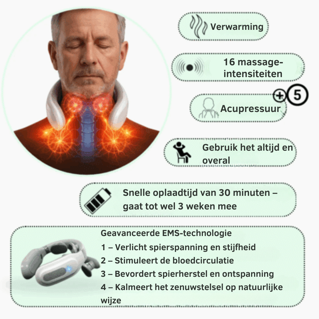 Vitality MagicPro 2.0 is een slank, draagbaar apparaat voor nektherapie dat EMS (elektrische spierstimulatie), warmtetherapie en vibratiemodi biedt om chronische nekpijn, tech neck, migraine en spanning op de nervus vagus te verlichten. Met 16 EMS-niveaus, 6 massagemodi en een flexibel, huidvriendelijk ontwerp is het apparaat draagbaar, oplaadbaar en perfect voor thuis, op kantoor of op reis. Het is een medicijnvrije, niet-invasieve oplossing voor dagelijkse nekverlichting.