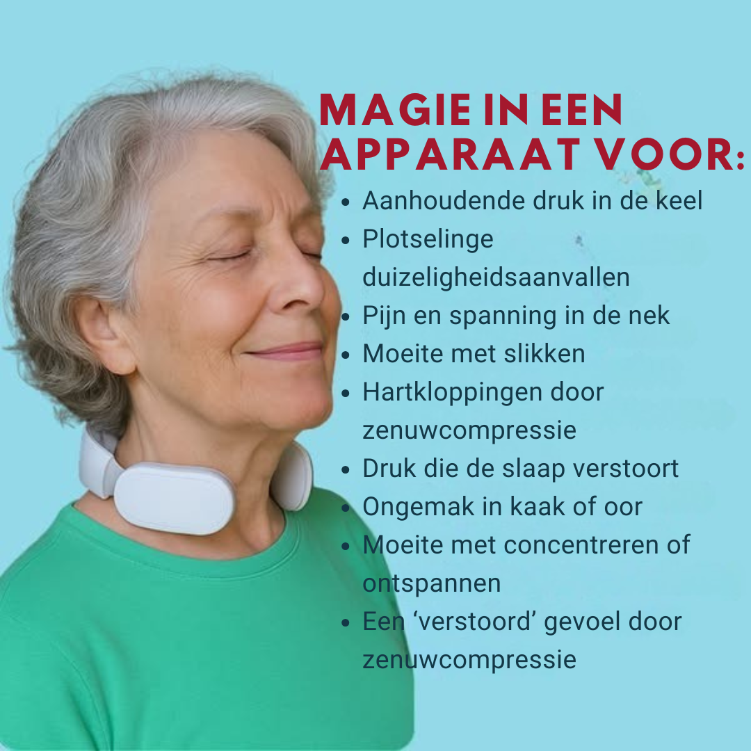 Vitality MagicPro 2.0 is een slank, draagbaar apparaat voor nektherapie dat EMS (elektrische spierstimulatie), warmtetherapie en vibratiemodi biedt om chronische nekpijn, tech neck, migraine en spanning op de nervus vagus te verlichten. Met 16 EMS-niveaus, 6 massagemodi en een flexibel, huidvriendelijk ontwerp is het apparaat draagbaar, oplaadbaar en perfect voor thuis, op kantoor of op reis. Het is een medicijnvrije, niet-invasieve oplossing voor dagelijkse nekverlichting.