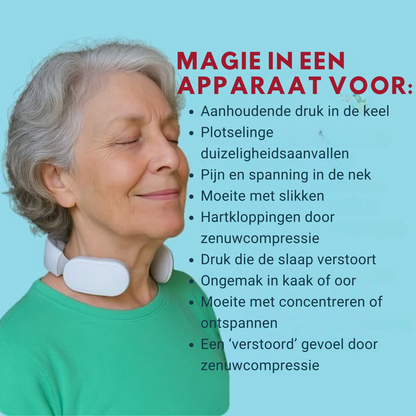 Vitality MagicPro 2.0 is een slank, draagbaar apparaat voor nektherapie dat EMS (elektrische spierstimulatie), warmtetherapie en vibratiemodi biedt om chronische nekpijn, tech neck, migraine en spanning op de nervus vagus te verlichten. Met 16 EMS-niveaus, 6 massagemodi en een flexibel, huidvriendelijk ontwerp is het apparaat draagbaar, oplaadbaar en perfect voor thuis, op kantoor of op reis. Het is een medicijnvrije, niet-invasieve oplossing voor dagelijkse nekverlichting.