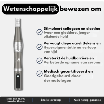 Hoogwaardig A8 Microneedling Pen-apparaat van Evani, strak handzaam ontwerp voor huidvernieuwing thuis. Bevat drie soorten steriele cartridges (12-pins voor diepe acnelittekens en rimpels, 36-pins voor volledige gezichtsverjonging, nano voor gevoelige zones), instelbare naalddiepte, medische precisie. Ontworpen om collageen en elastine te stimuleren, acne-littekens te vervagen, de huidtextuur te egaliseren, de teint te verbeteren en de opname van huidverzorgingsserums te bevorderen."