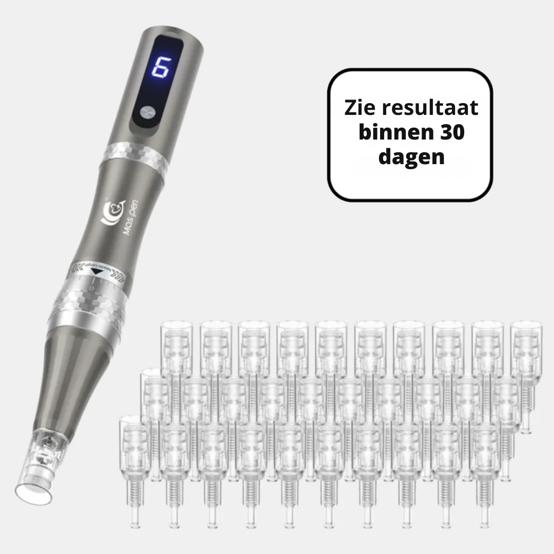 Hoogwaardig A8 Microneedling Pen-apparaat van Evani, strak handzaam ontwerp voor huidvernieuwing thuis. Bevat drie soorten steriele cartridges (12-pins voor diepe acnelittekens en rimpels, 36-pins voor volledige gezichtsverjonging, nano voor gevoelige zones), instelbare naalddiepte, medische precisie. Ontworpen om collageen en elastine te stimuleren, acne-littekens te vervagen, de huidtextuur te egaliseren, de teint te verbeteren en de opname van huidverzorgingsserums te bevorderen."