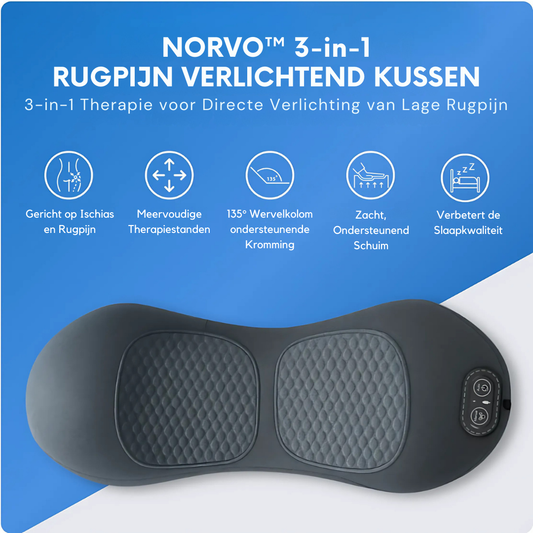 “Norvo™ 3-in-1 Smart Pillow combineert tractie van de wervelkolom, warmtetherapie en vibratiemassage om rugpijn, ischias en hernia-ongemakken te verlichten. Dit kussen, dat is ontworpen voor gebruik thuis of op kantoor, werkt op USB en ontlast de wervelkolom op milde wijze, verbetert de houding en bevordert de bloedsomloop. Het is lichtgewicht en draagbaar en biedt dagelijkse sessies van 15-30 minuten voor effectieve, medicijnvrije verlichting. Ideaal voor mensen die op zoek zijn naar natuurlijke oplossinge