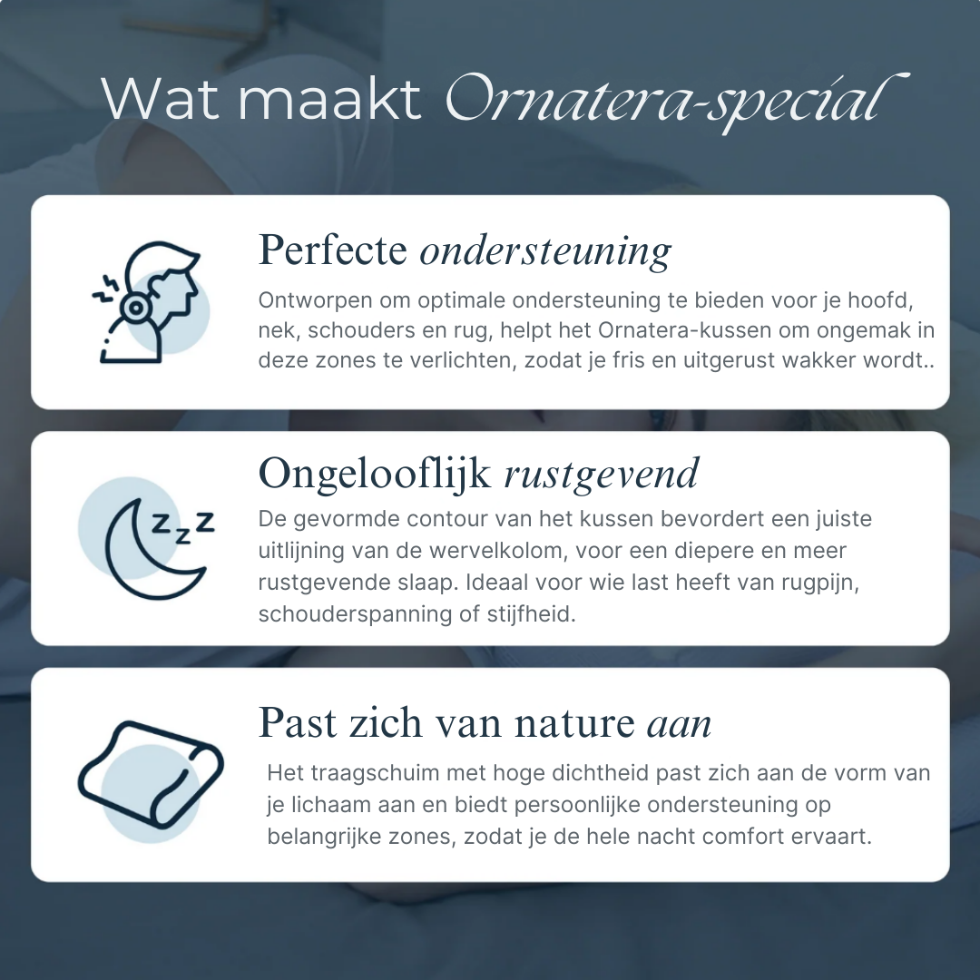 Het Ornatera Premium Relief-kussen heeft een ergonomisch ontwerp in de vorm van een vlinder dat uw nek, schouders en wervelkolom ondersteunt om ochtendpijn, stijfheid en hoofdpijn te verminderen. Het is gemaakt van traagschuim met een hoge dichtheid en heeft een ademende, wasbare hoes. Het biedt langdurig comfort voor mensen die op hun rug, zij of buik slapen. Dit kussen is ideaal voor het verbeteren van de slaapkwaliteit en houding en is perfect voor iedereen die op zoek is naar pijnverlichting en herstell
